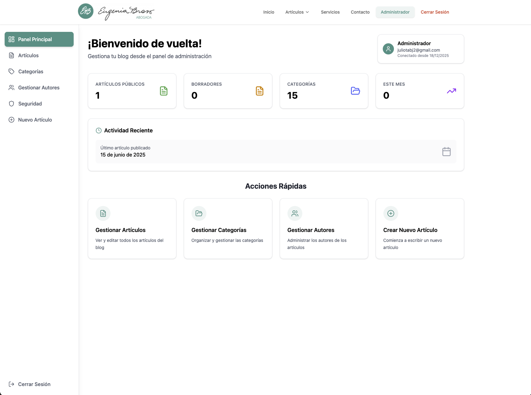 EugeniaBravo admin dashboard
